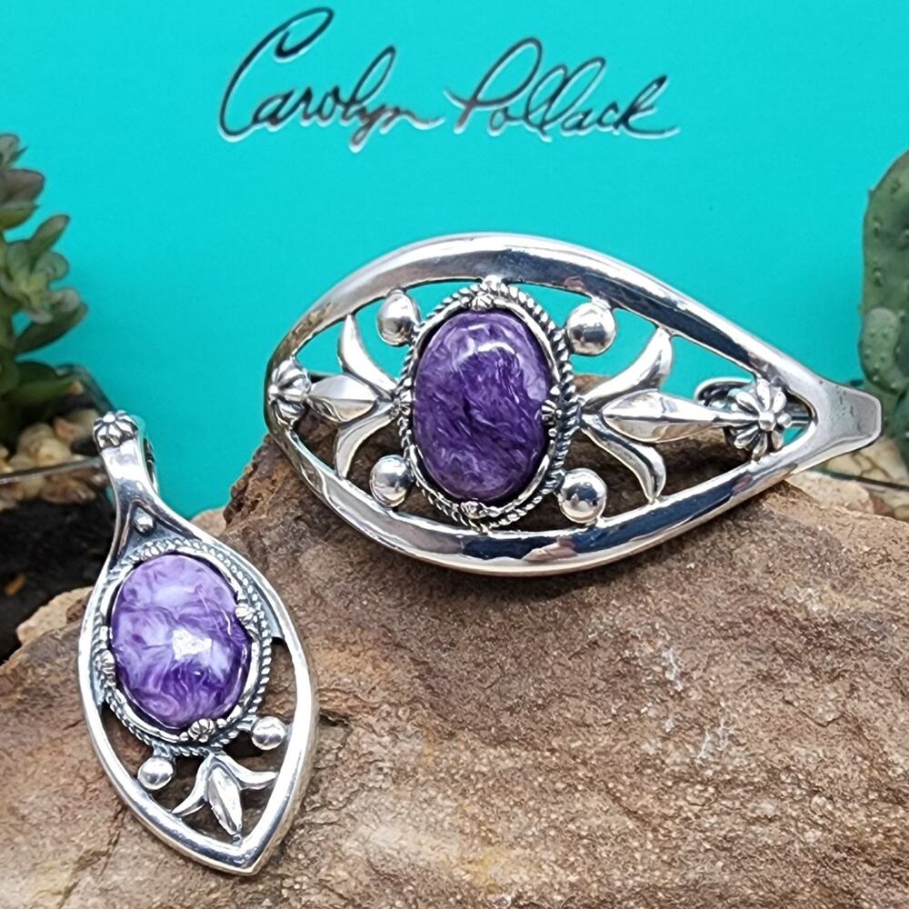 Carolyn Pollack AW 925 Sterling Purple Charoite 6.5" Cuff + 1.8" Pendant SET 42g